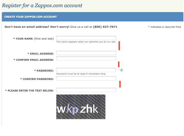 Zappos Registation Page