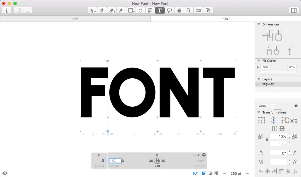 Our new font shown in Glyphs, with kerning