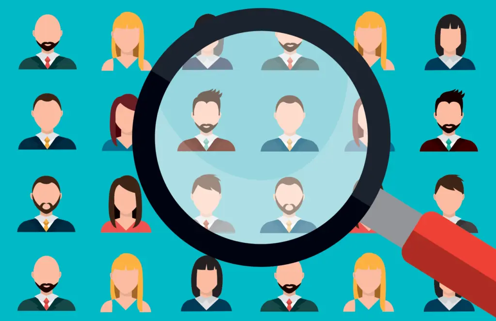 Cartoon people and magnifying glass: Relevant Content - Influencer Marketing