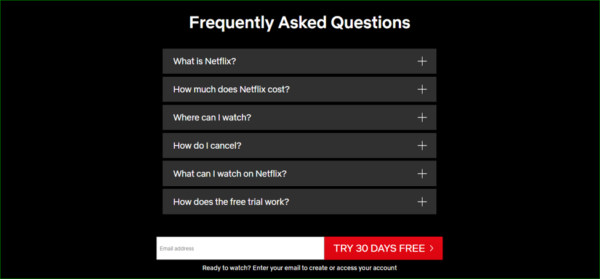 Netflix FAQ Page - Example of Negative Space in Web Design - Web Design Trends 2020
