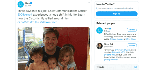 A tweet showing Cisco CCO Oliver Roll with his three kids - Content User Experience 101