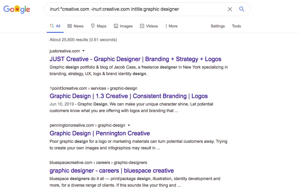 SERP showing domains that include Creative in their domain name