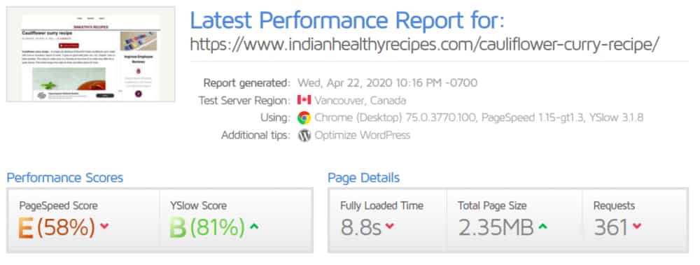 GTMetrix.com page speed performance report