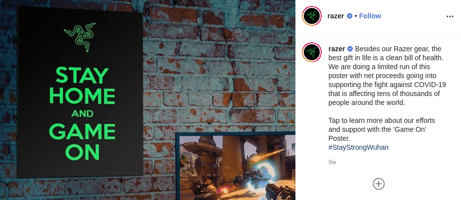 Razer Instagram post displaying COVID-19 poster