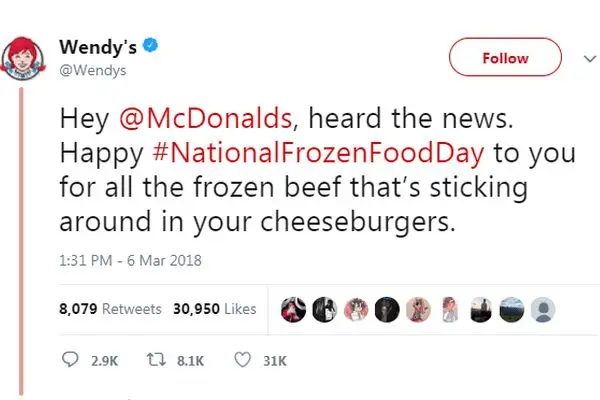 Wendy's tweet highlighting brand's unique selling proposition