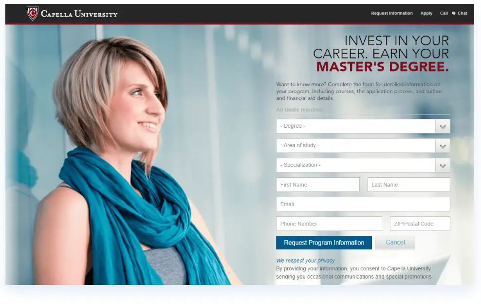 Capella University's webpage uses directional visual cues