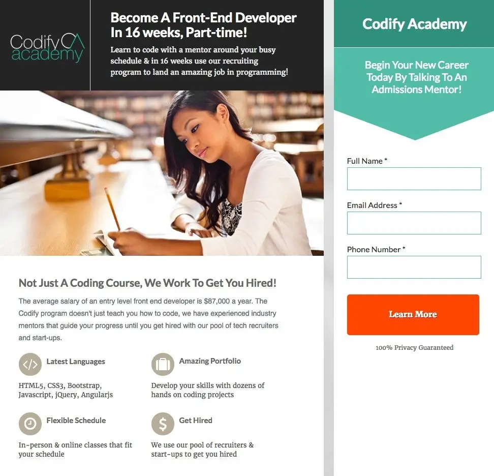 Codify Academy webpage using color contrast as a directional visual cue