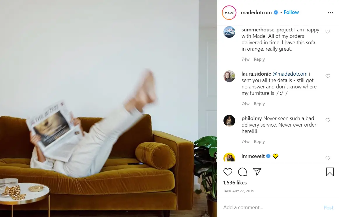 Made.com Instagram negative comments following poor customer service