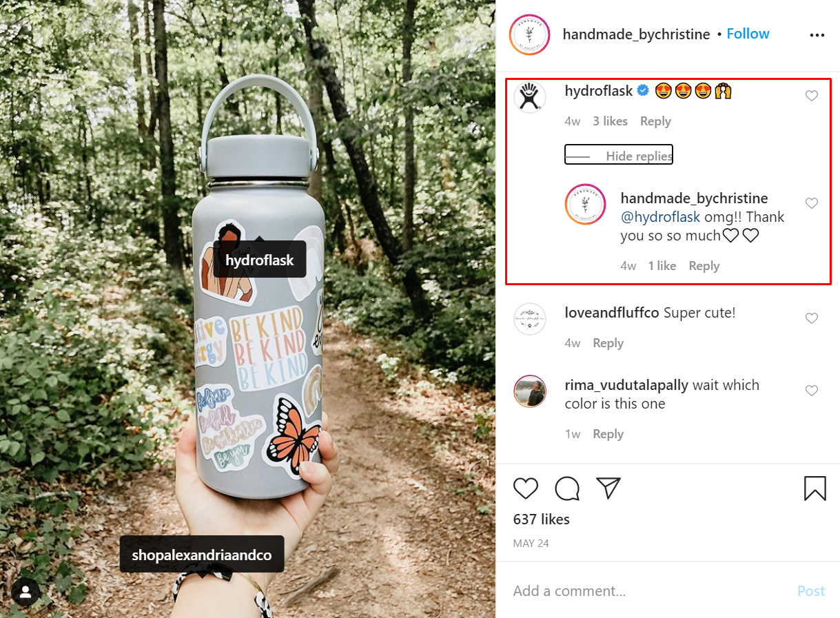 HydroFlask Instagram reply to user-generated content