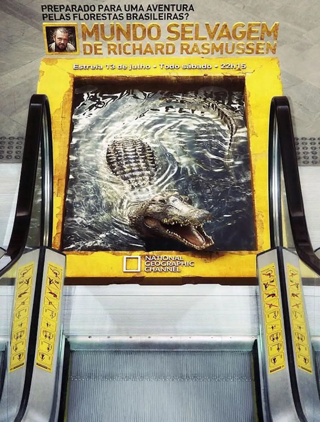 National Geographic ambient guerilla marketing crocodile splashing in water at bottom of escalator
