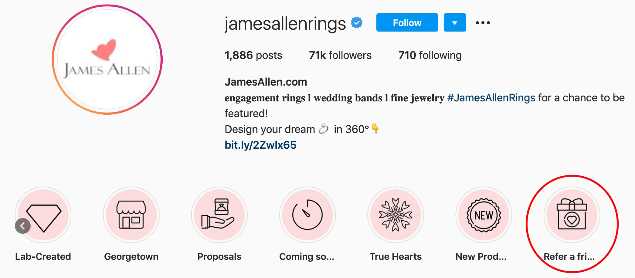 JamesAllen Instagram profile showcases referral program