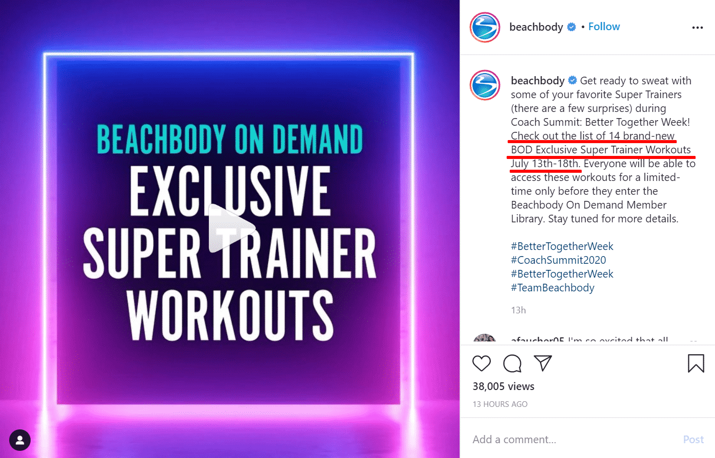 Beach Body time-limited Instagram offer