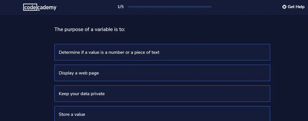 Codecademy online coding course multiple choice questions