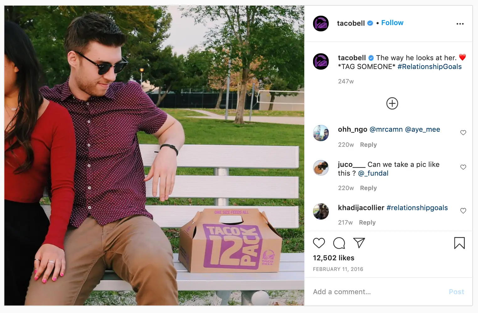 Humorous social post caption by Taco Bell