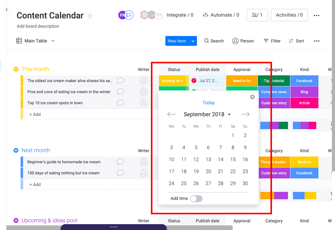Changing publication date on monday.com content calendar