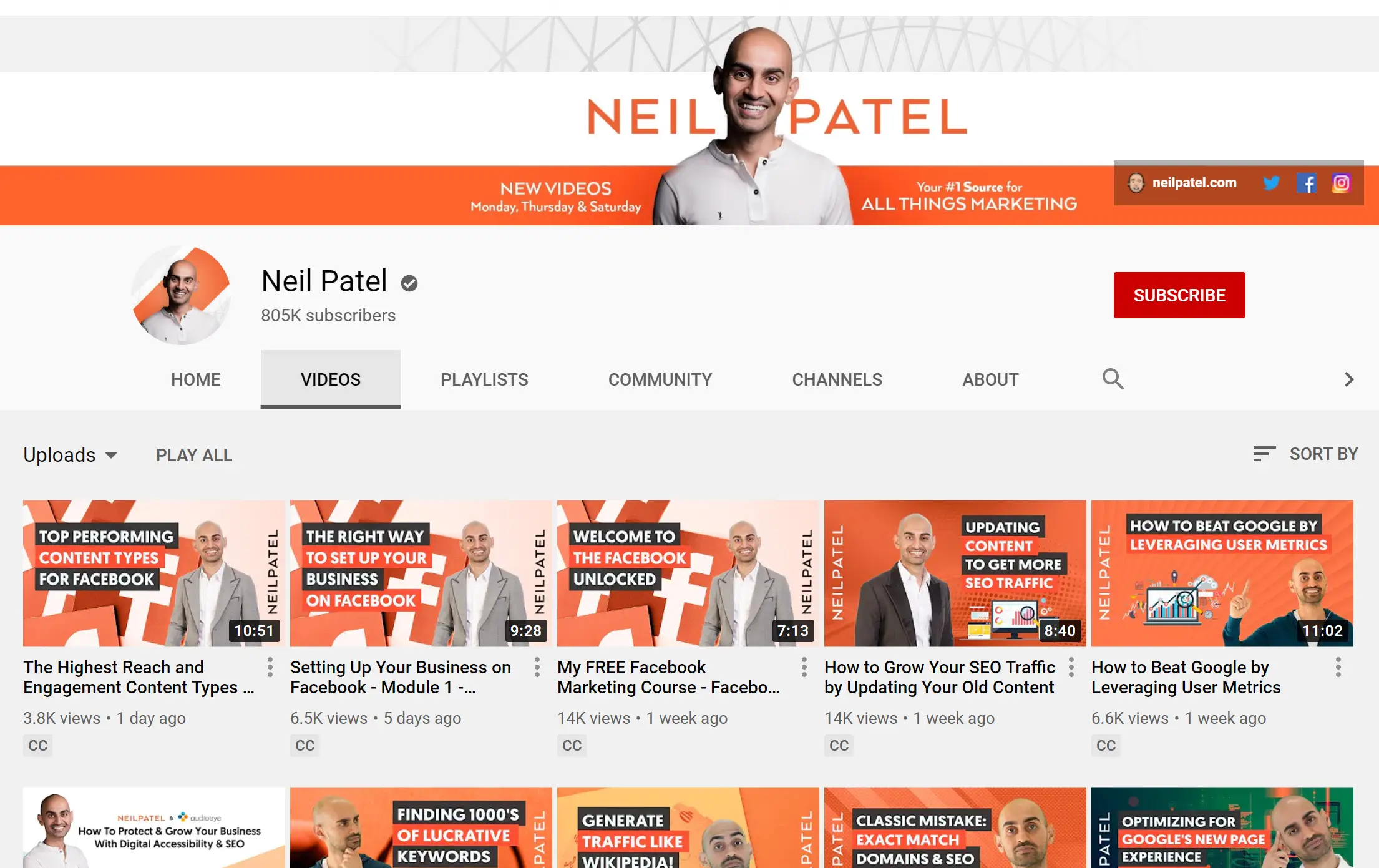 Neil Patel's YouTube channel