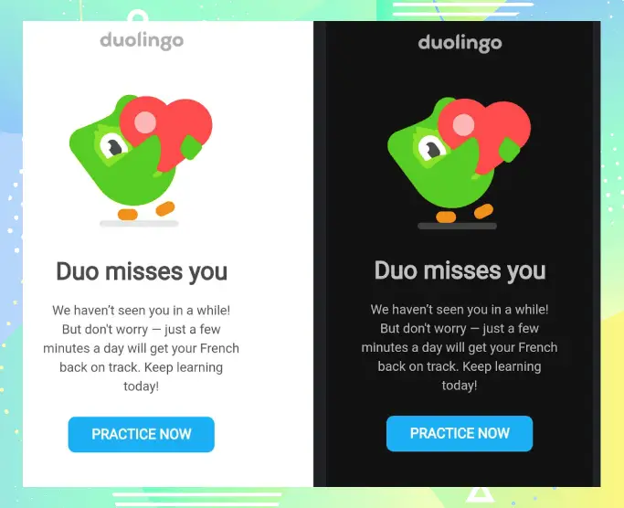 Dark mode email by Duolingo - Email Design Trends 2021