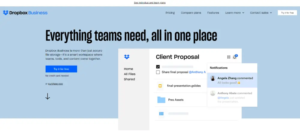 Dropbox's compelling homepage