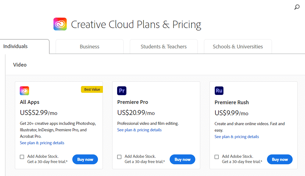 Adobe Premiere Pricing Plans