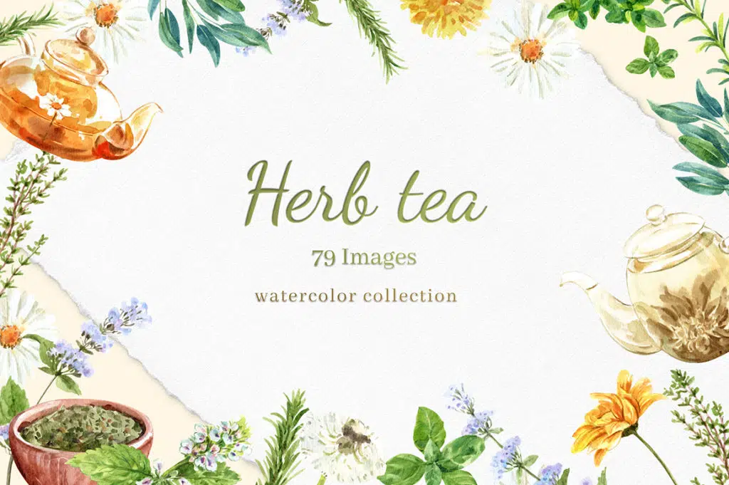 Tea Time with Herbal Tea for Health Watercolor Set