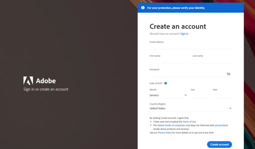 Create an Adobe Account