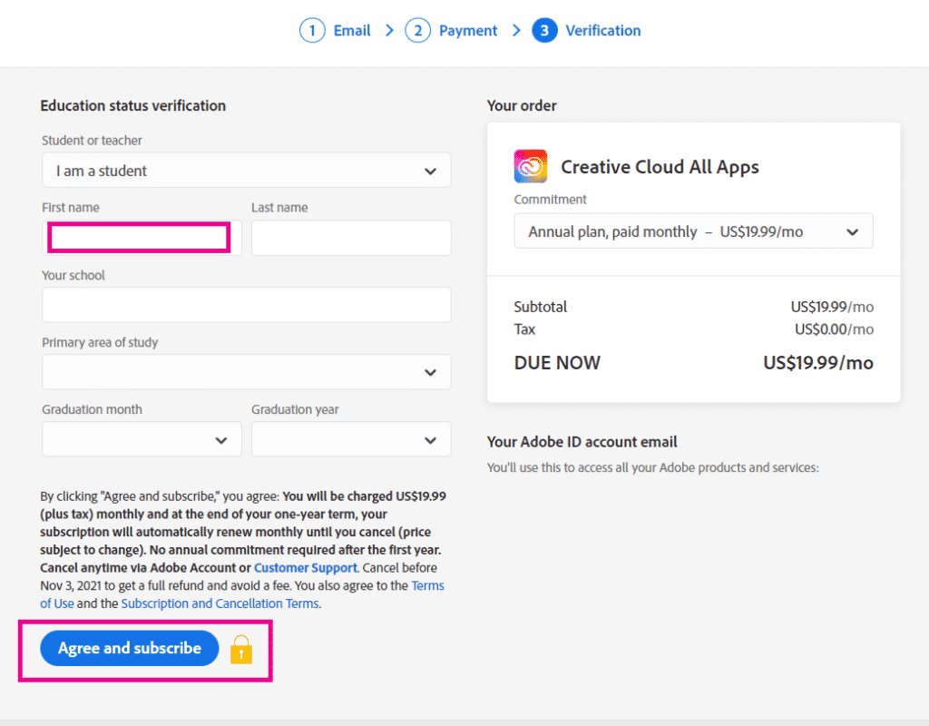Adobe Student Discount - Step 4 — Enter your Student / Teacher details for verification