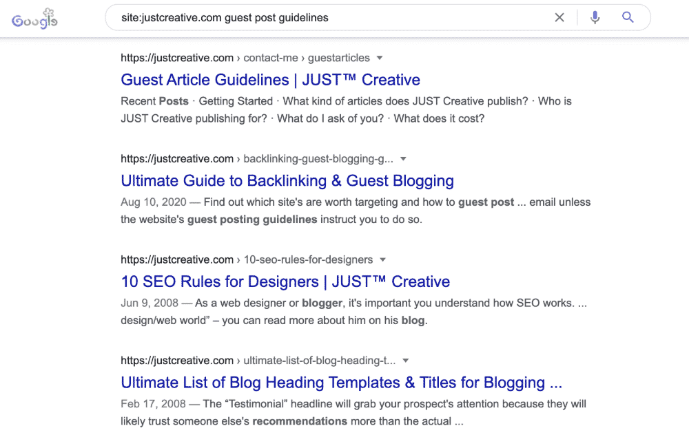 How to search for guest post guidelines on a specific website