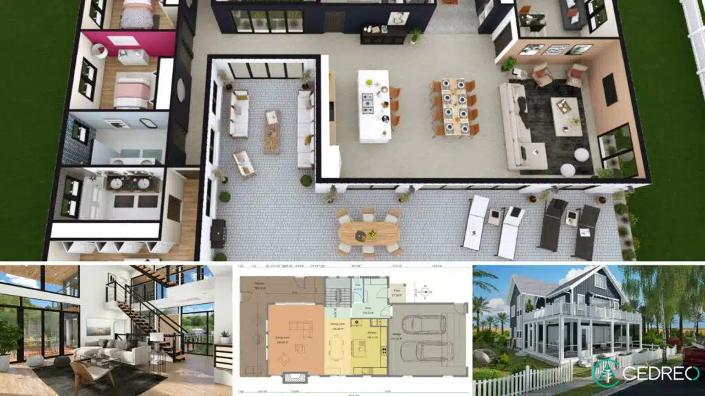 Cedreo | Examples of 3D floor plan, a 2D floor plan as well as an interior and an exterior 3D rendering.