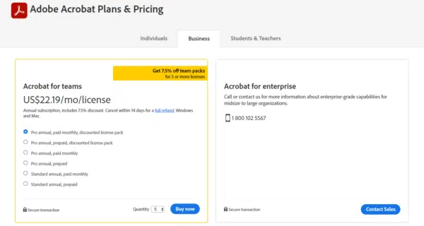Adobe Acrobat Plans and pricing