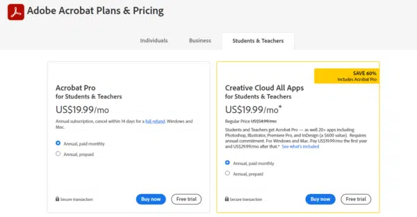 Adobe Acrobat Student and teacher Plan